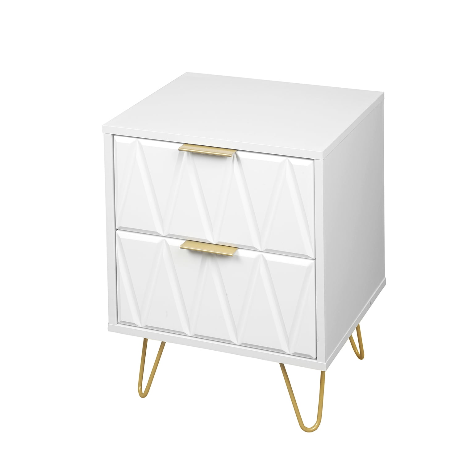 Yardi Yard Modern 2 Drawer Accent Nightstand for Bedroom witn Golden Metal Legs, White Yardi Yard Modern 2 Drawer Accent Nightstand for Bedroom witn Golden Metal Legs, White