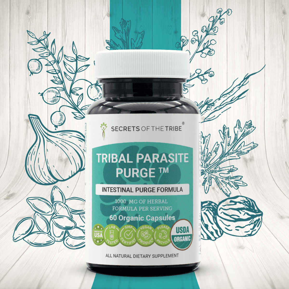 Secrets of the Tribe Tribal Parasite Purge Capsules Dietary Supplement, Natural Herb Blend, Made from Wormwood, Cranberry, Garlic, Black Walnut, Pumpkin 60 Count