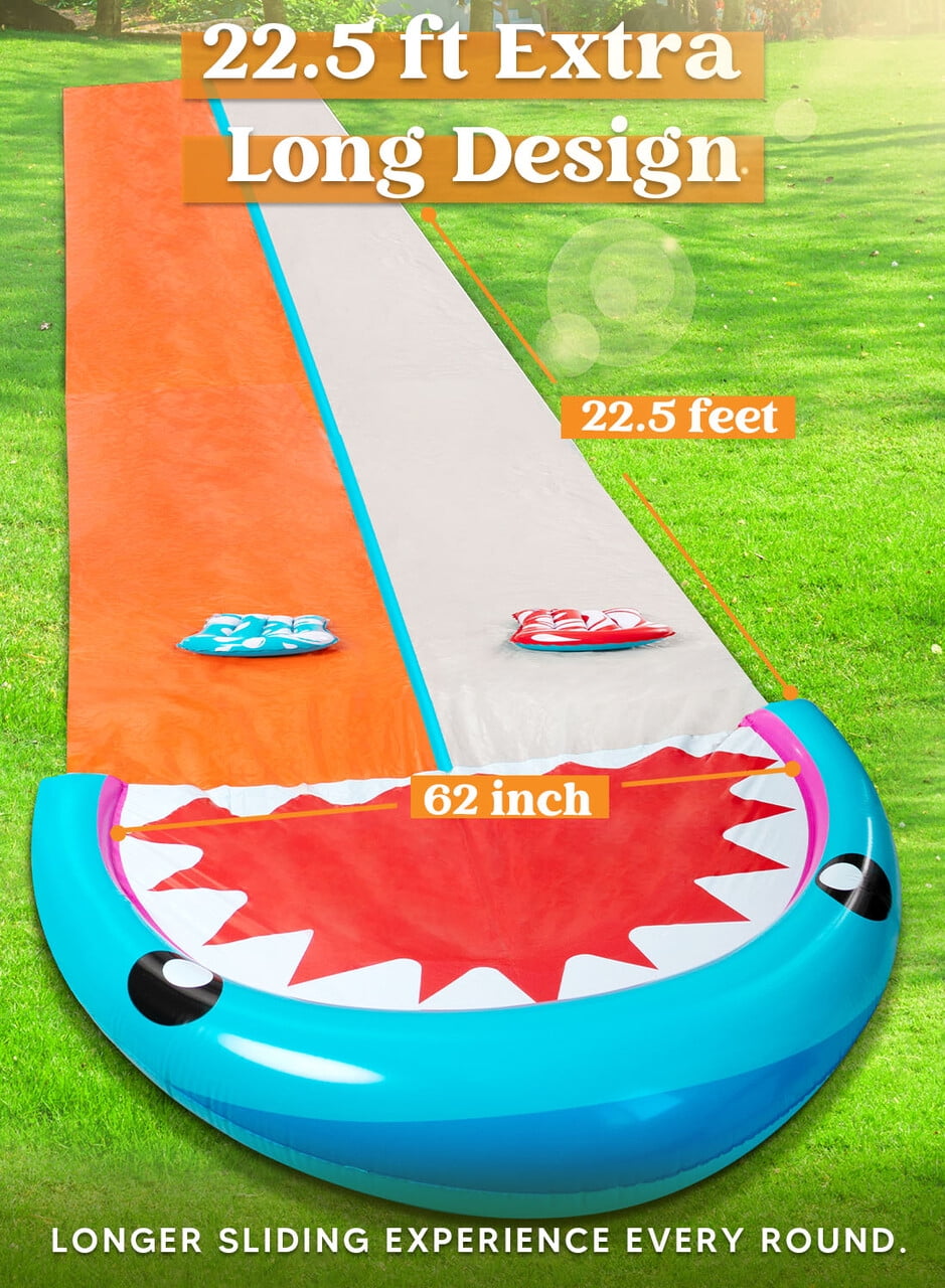Joyfy Water Slides with 2 Inflatable Boards, 22.5ft Backyard Outdoor Lawn Slip Waterslide with Sprinklers Summer Toy, Shark