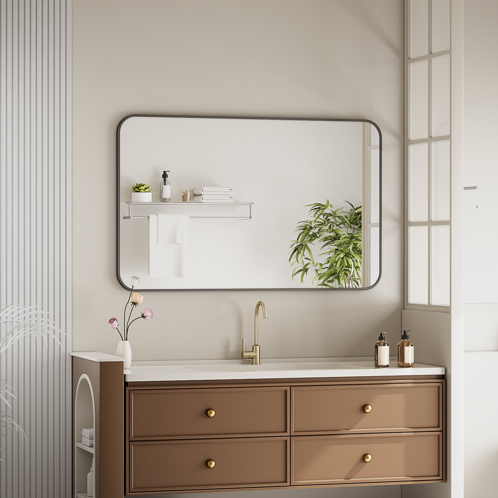Lumora 48"x30" Rectangular Bathroom Mirror with Round Edge Wall Mounted Wall Mirror, Black