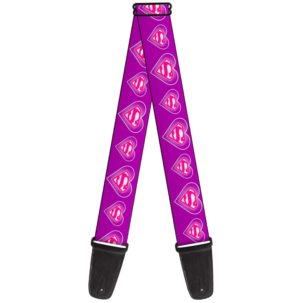 DC Comics Guitar Strap, Superman Logo In Heart Purple White Pink, 2 Inches Wide
