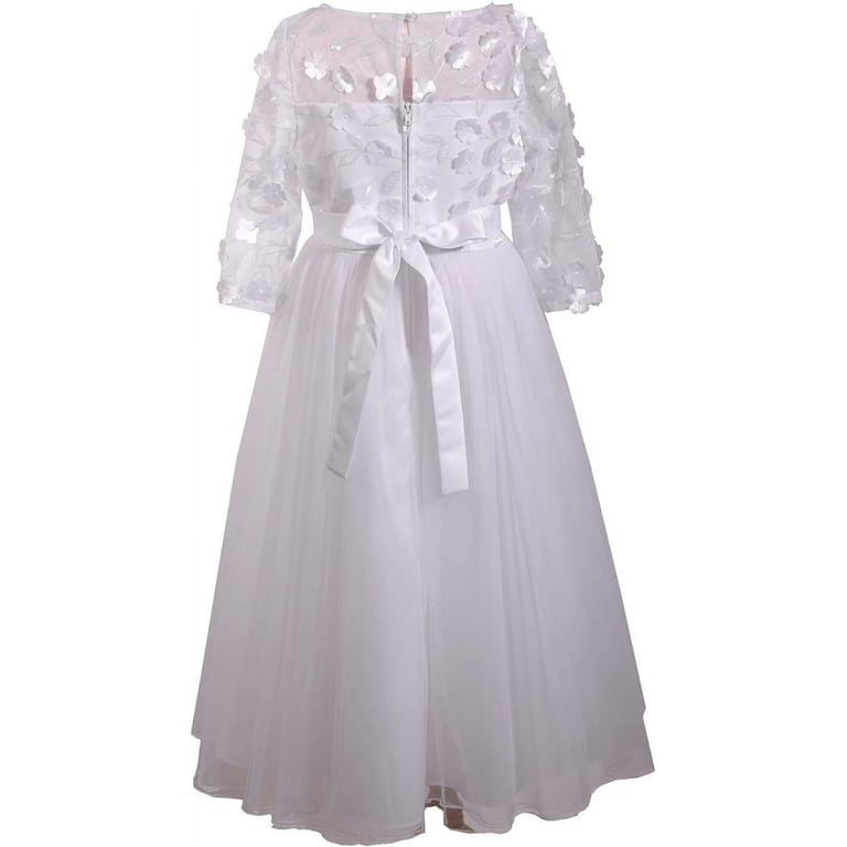 Bonnie Jean Girl s First Communion Dress with Bow and Daisies Long Sleeve 8 White