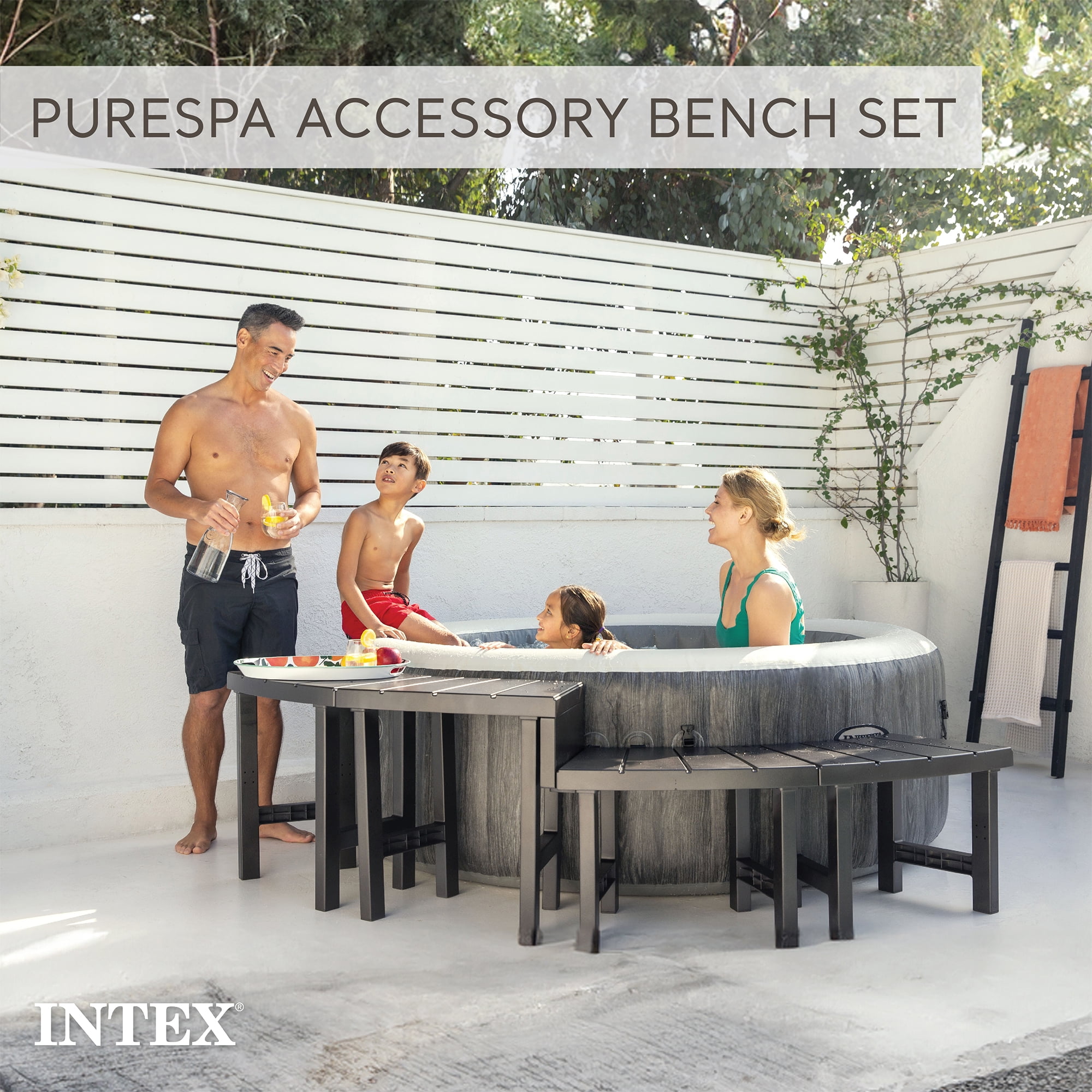 Intex PureSpa Plus Greywood Inflatable Hot Tub Jet Spa w/ Accessory Benches