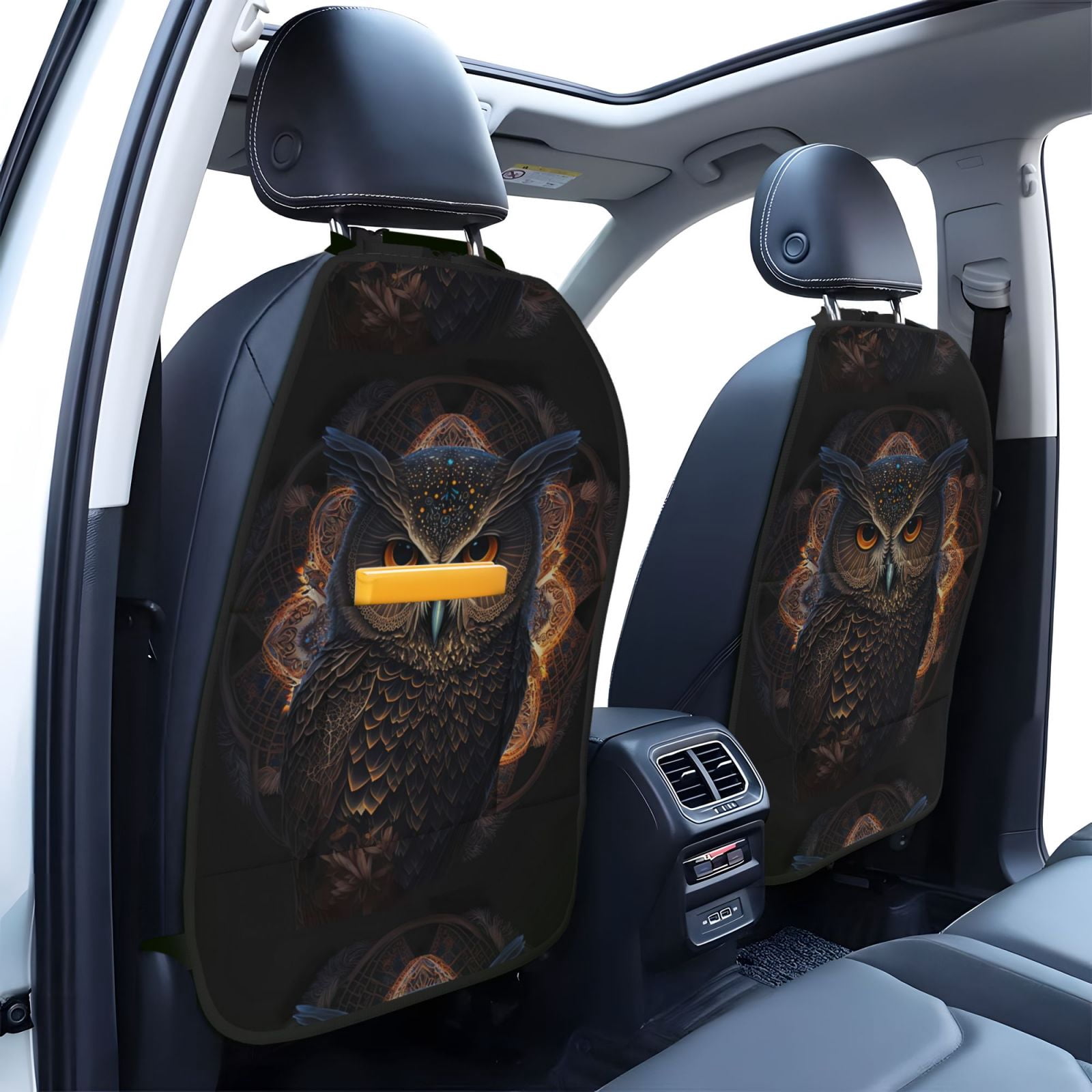 Xecao Classical Style Brown Owl Pattern Car Seat Back Protector 2 Pack Large Capacity Pocket, Kick Mats Back Seat Protector
