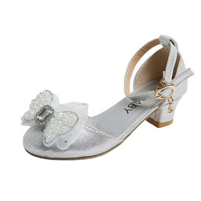 Girls Heels Princess Shoes Rhinestone Pearl Lace Bowknot Sparkling Closed Toe Heels Ankle Strap Pendant Dance Wedding Party Spring Summer Dress Pump Shoes Silver