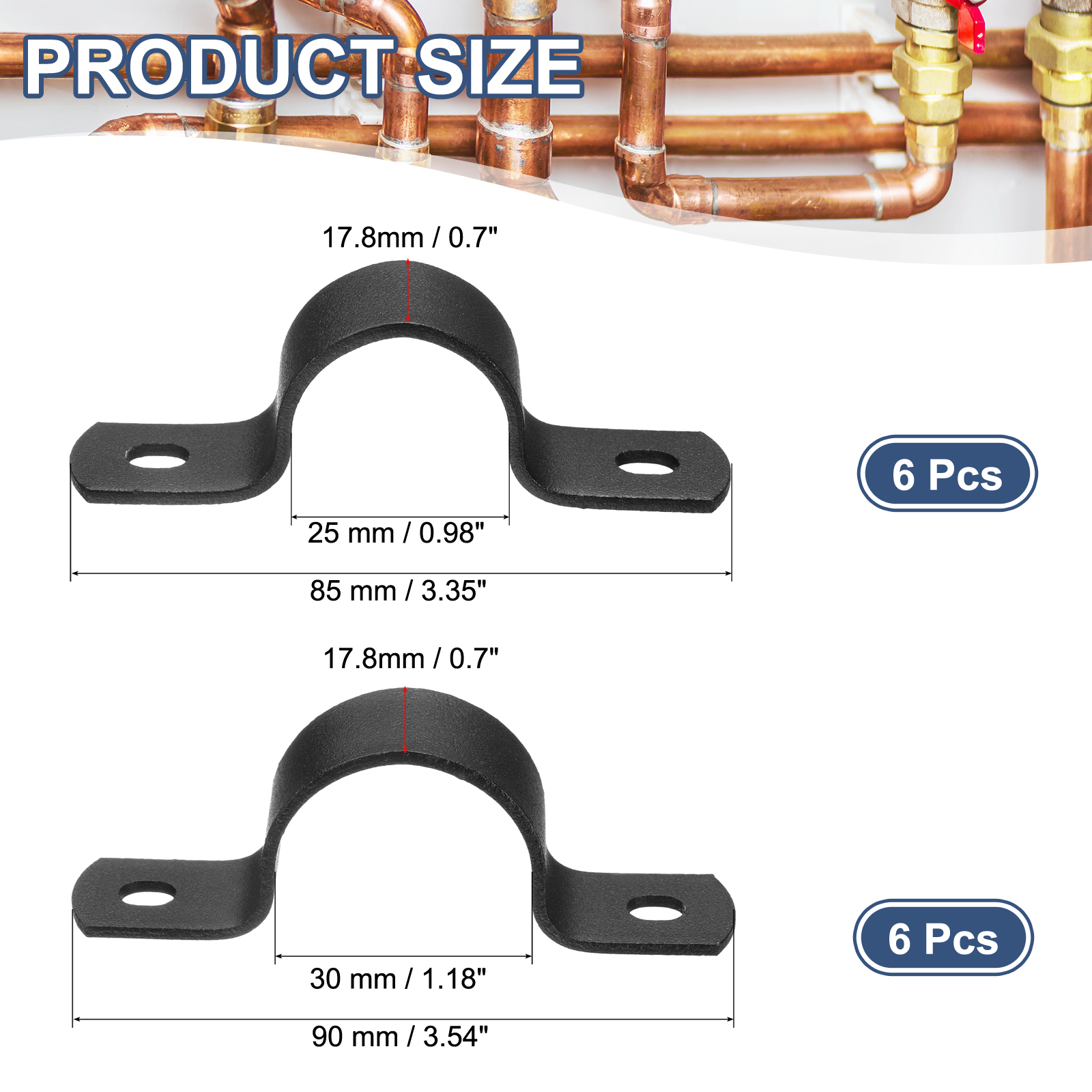 12Pack Metal Pipe Clamps, 2 Sizes Carbon Steel Two Hole Strap U Bracket Tube Clip Conduit Clamps for Pipe Fixing Wire Cord Installation Decorating, Black (3/4", 1")