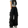 thumbnail image 2 of Teen Girls Cargo Pants With Pockets Parachute Pants For Women Y2K Baggy Drawstring Streetwear Trendy Pants Black Large, 2 of 7