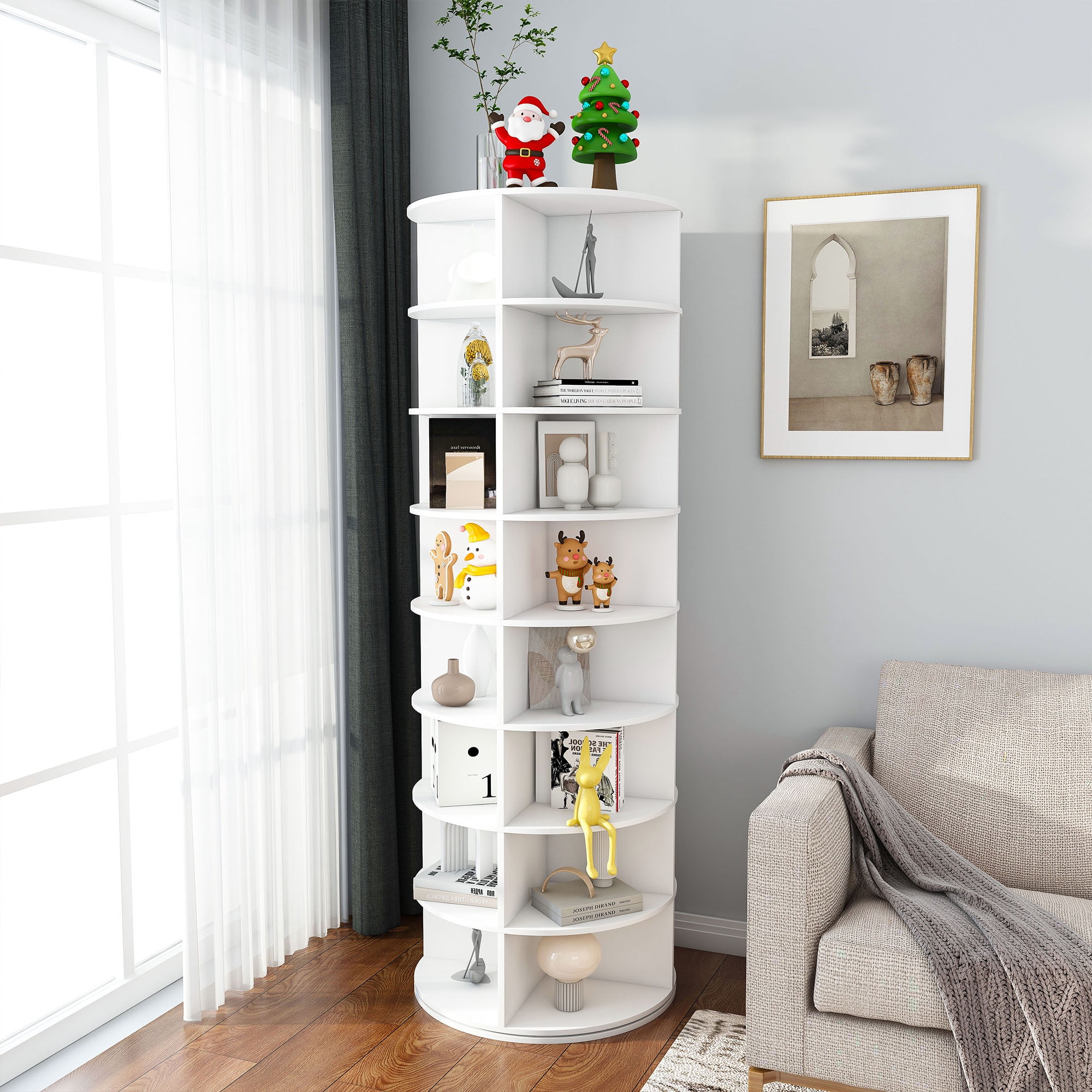 CQSXDA Rotating Shoe Rack Tower in White, 8-Tier Free Standing Revolving Organizer Holds Up to 32 Pairs of Shoes