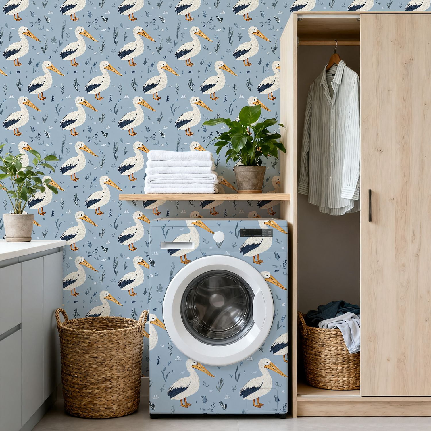 Peel and Stick Wallpaper 17.7in x 9.8ft Pelican Bird White Feathers Blue Contact Paper Vinyl Waterproof Self Adhesive Wall Paper for Bedroom Shelf Cabinet Renter Friendly