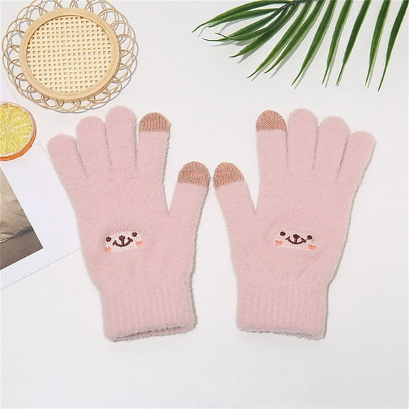 SYMOID Pink Touchscreen Gloves for Women - Warm Acrylic Winter Gloves with Cute Embroidery, Full Finger, One Size Fits Female Teens for Cold Weather,Size Free Size