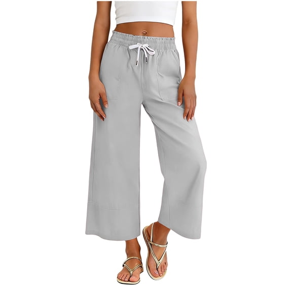 UQJfacai Capri Pants for Girls High Waisted Wide Leg Linen Palazzo Trousers Pull On Elastic Smock Waist Loose Flowy Pants 4-14 Years