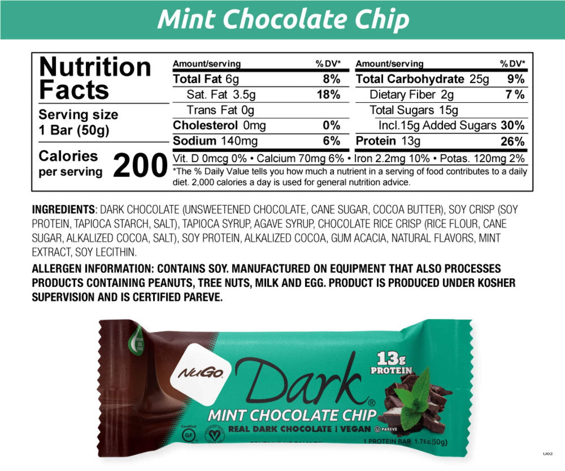 NuGo Dark Chocolate Mint Chocolate Chip, 13g Vegan Protein, Gluten Free, 12 Count