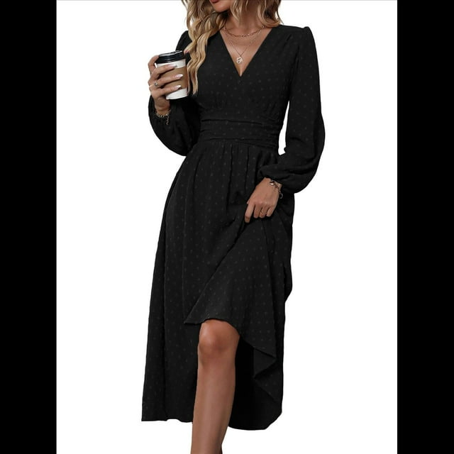Vestidos Largos Bohemios de Otoño para Mujer, con Cuello en V, Lunares, Cintura Alta, Corte A y Volantes, para Vacaciones. Negro M