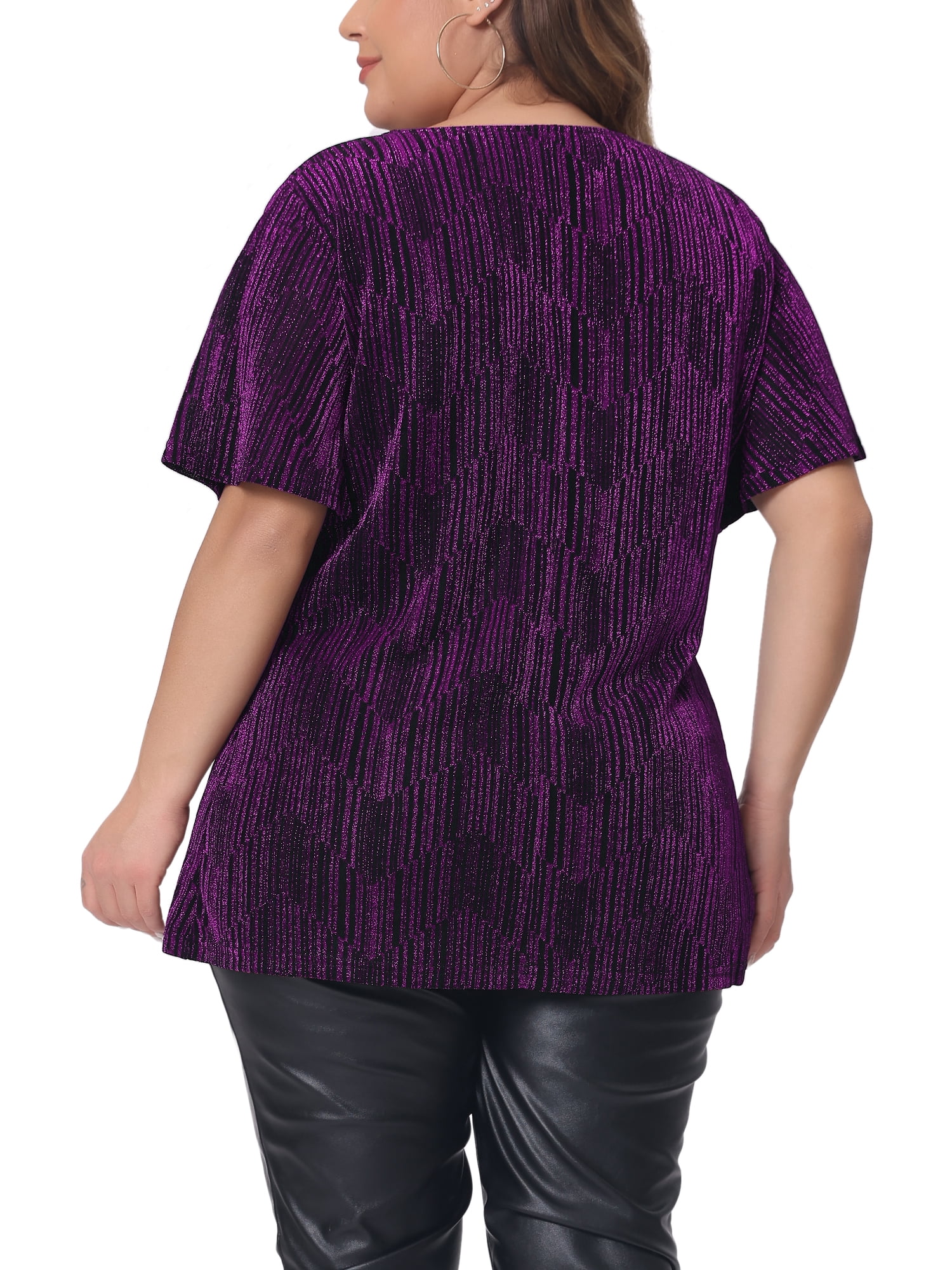 DARING DIVA Women's Plus Metallic Tops V Neck  T-Shirt Party Top Glitter Blouses 3X Purple