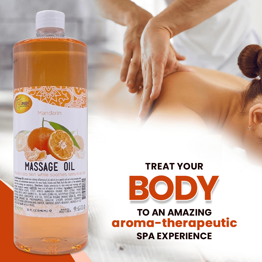 SPA REDI - Massage Oil, Mandarin, 32 Oz - Professional Full Body Massage Therapy, Manicure, Pedicure - Relax Sore Muscles and Repair Dry Skin, Enhanced with High Absorption Oils and Vitamin E