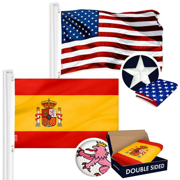 G128 Combo Pack: USA American Flag 3x5 Ft Embroidered Stars & Spain (Spanish) Flag 3x5 Ft Double-sided Embroidered 210D