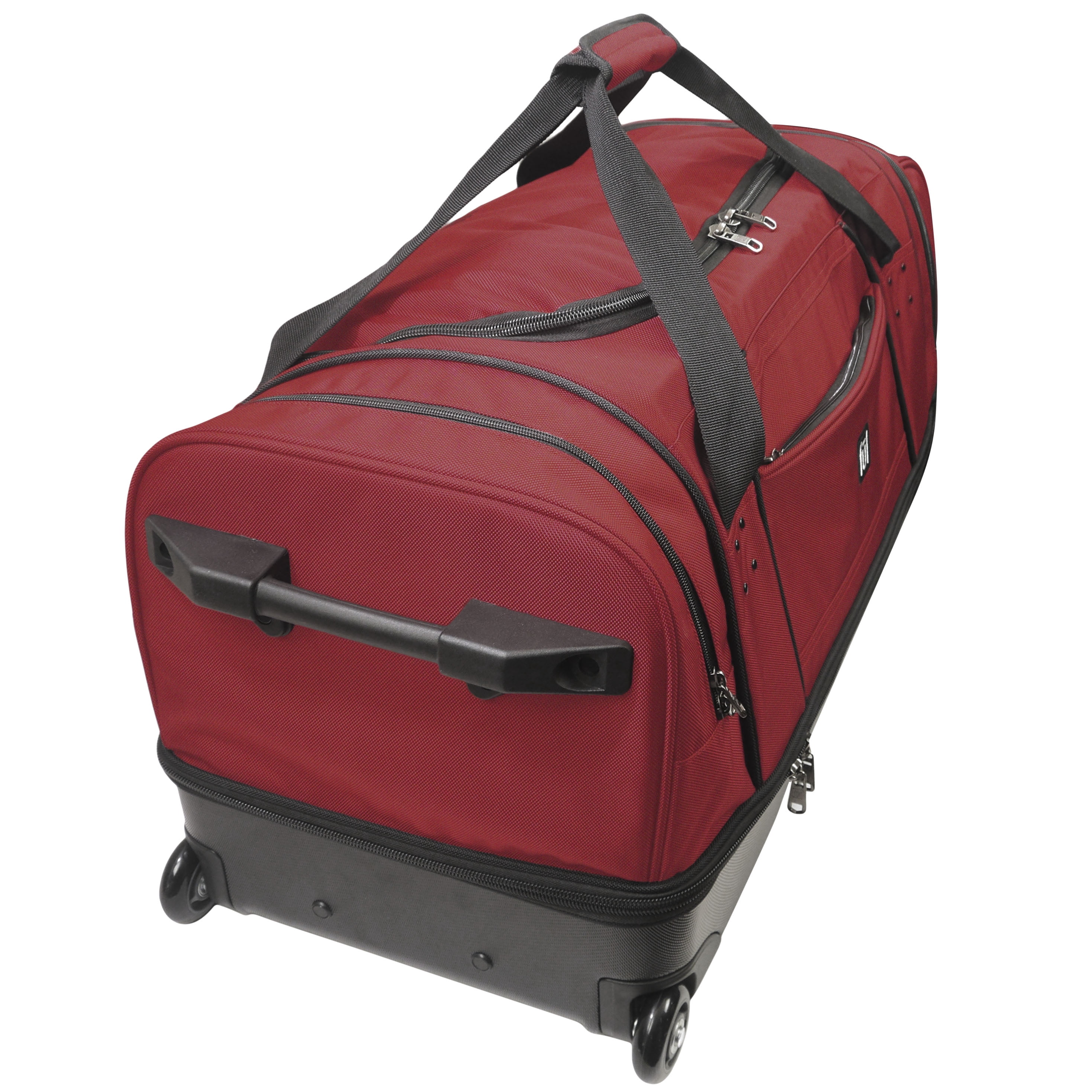 FUL Workhorse 30-Inch Rolling Duffel Bag, Split-Level Travel Luggage with Hardshell Base and Wheels, Dark Red