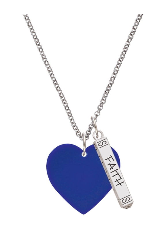 Acrylic 1" Navy Blue Heart Silvertone Believe Faith Prayer Hope Bar Charm Necklace, 23"