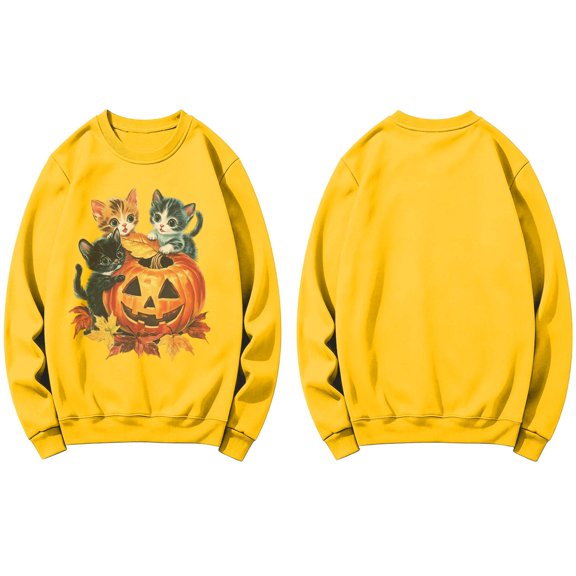 Peichun Halloween Pumpkin Cat Sweatshirts for Women Fall Winter Long Sleeve Crew Neck Loose Pullover Tops Vintage Spooky Season Graphic Loose Comfort Fit Hoodless Sweatshirt 1-Yellow XL