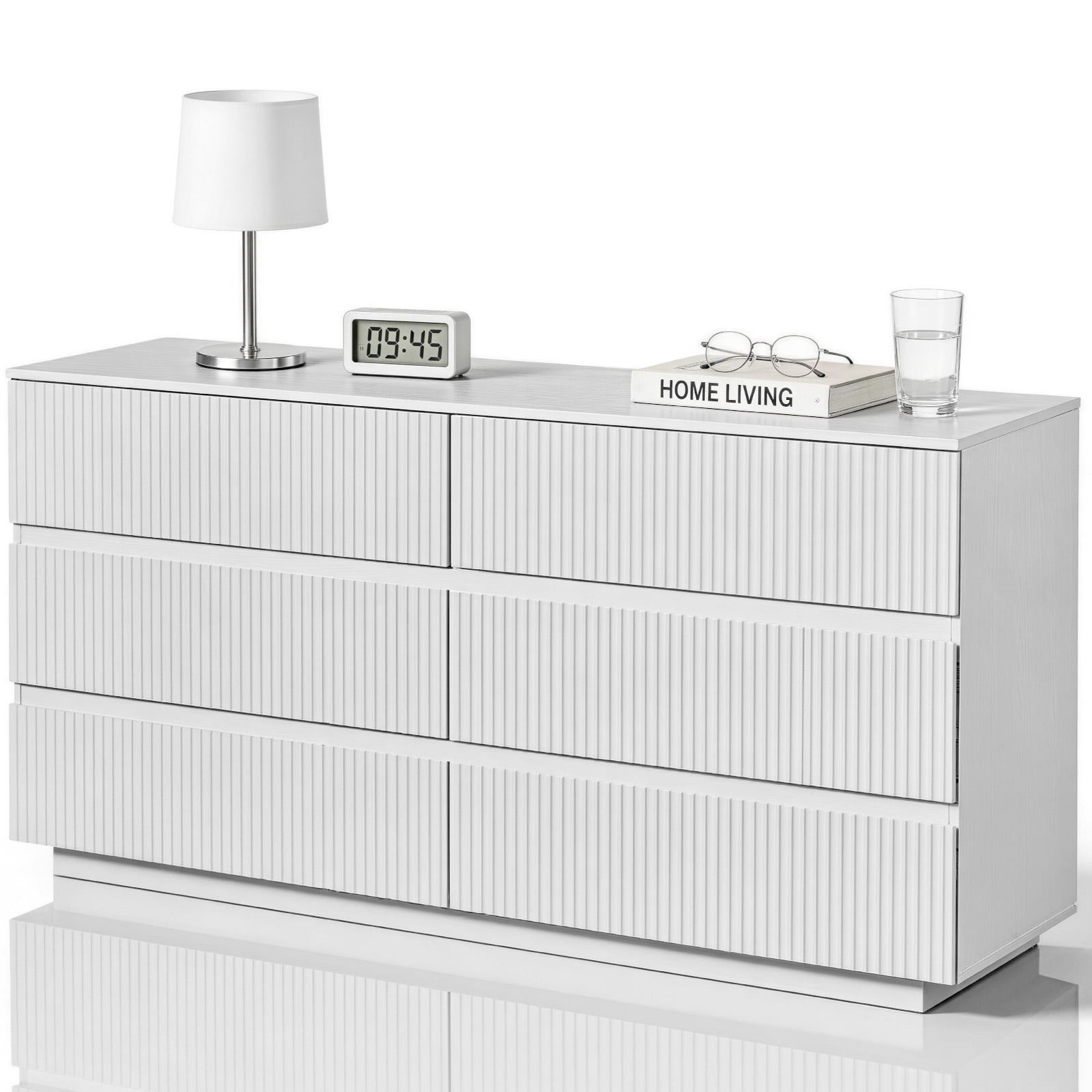 Handleless 6-Drawer Cabinet with Grille Finish P2 Particleboard + MDF & Melamine Veneer + Vacuum-Formed Storage Cabinet 55.12*15.75*27.95in White