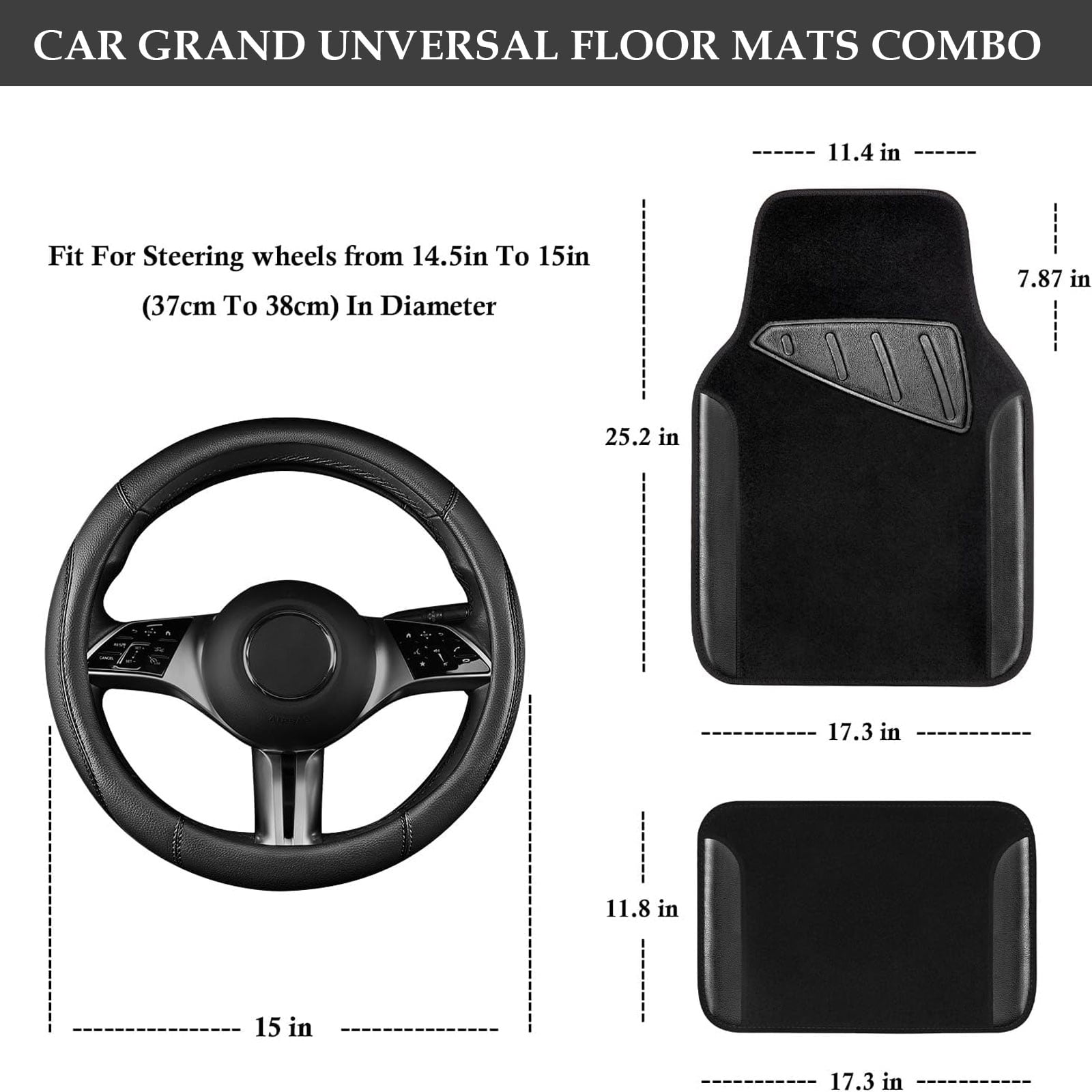 CAR GRAND Faux Leather Car Steering Wheel Cover Combo Pack Car Floor Mats, Universal Fit Waterproof Anti-slip Carpet 14.5-15 Inches Black & Black