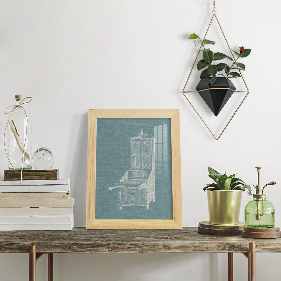 Hepplewhite Desk & Bookcase IV - Framed Print w/glass - Natural Wood