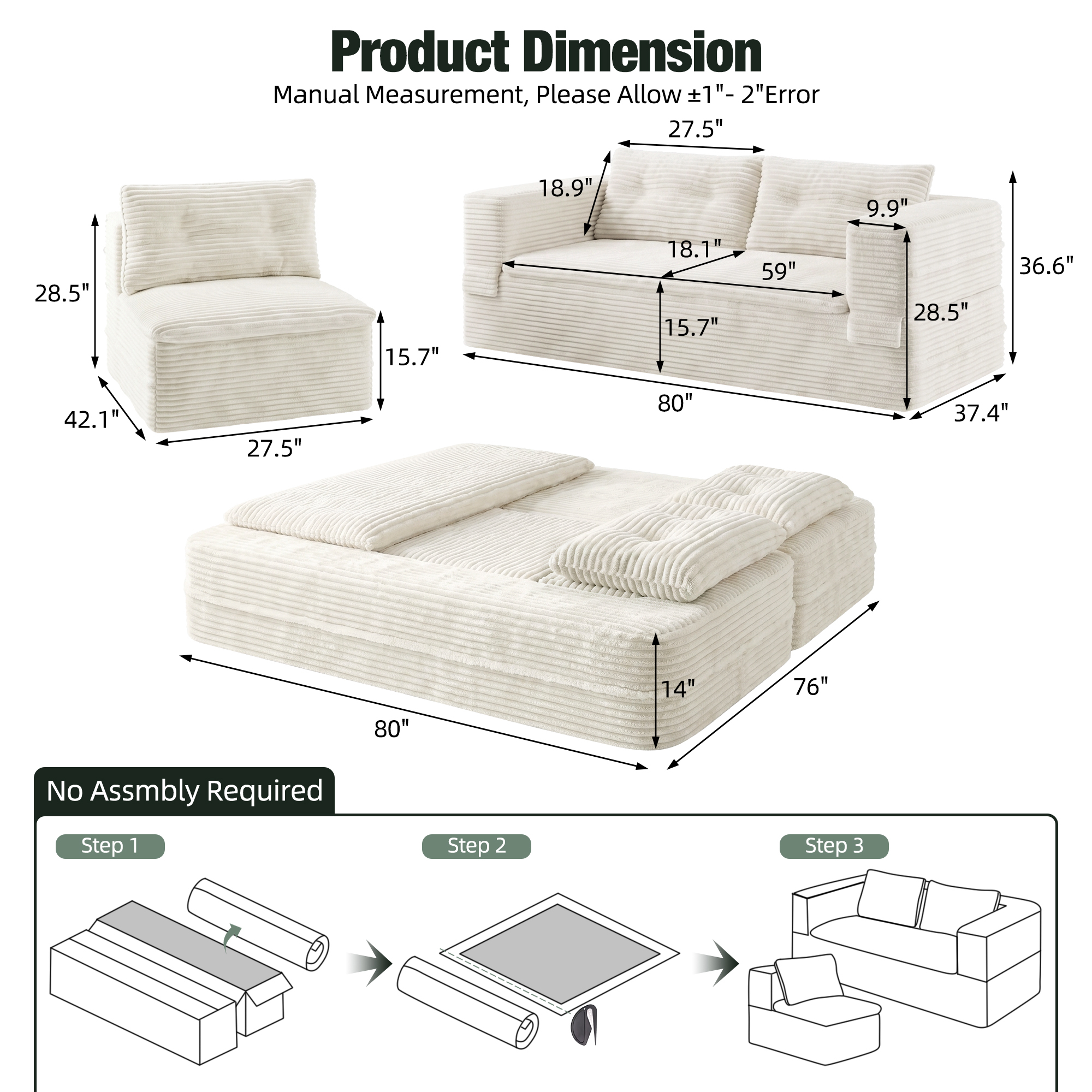 HOQBN 80" King Size Sleeper Sofa Bed, Plush Corduroy Deep Seat Sofa Couch with Independent Chaise and Functional Blanket for Living Room, Bedroom Beige+White