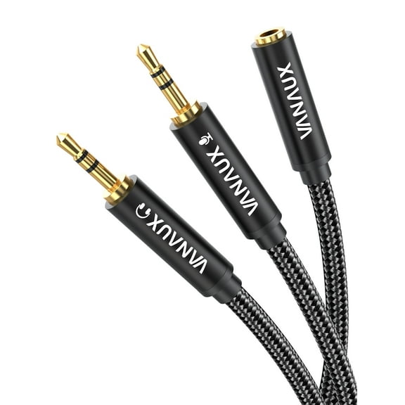 VANAUX Headphone Splitter Cable for Computer, 3.5mm Female to 2 Dual 3.5mm Male Headphone Mic Audio Y Splitter Cable Smartphone Headset to PC Adapter, Black