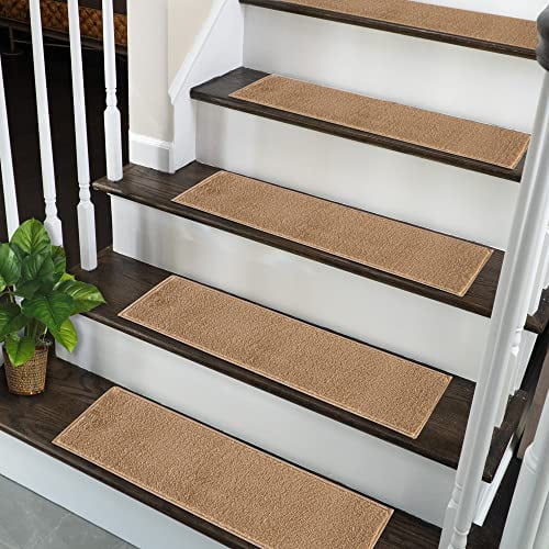 SUSSEXHOME Solid Stair Treads - 100% Polypropylene Carpet Strips for Indoor Stairs - Easy to Install Runner Rugs W/ Double Adhesive Tape - Safe, Extra-Grip, Decorative Mats - 13-Pack - Beige