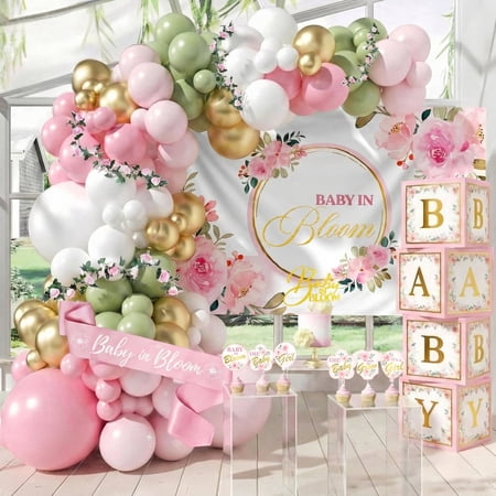 Happy Greetings Baby In Bloom Baby Shower Decoration Kit with Balloon Arch and BABY Boxes, Baby in Bloom Floral, For Girl, Pink and Sage Green, 338 Pieces