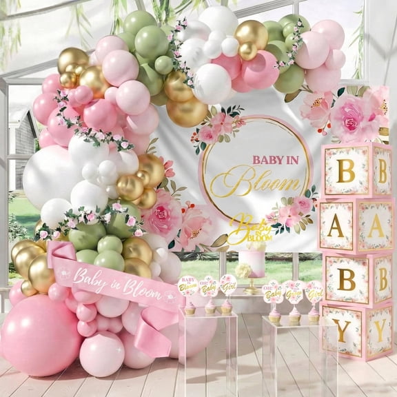 Happy Greetings Baby In Bloom Baby Shower Decoration Kit with Balloon Arch and BABY Boxes, Baby in Bloom Floral, For Girl, Pink and Sage Green, 338 Pieces