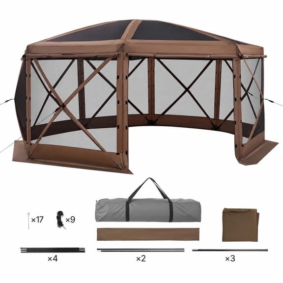 15 x 15 ft Pop Up Gazebo Screen Tent, 8-Sided Large Camping Canopy Sun Shelter with Mesh Netting and Carry Bag for Backyard Patio, Brown
