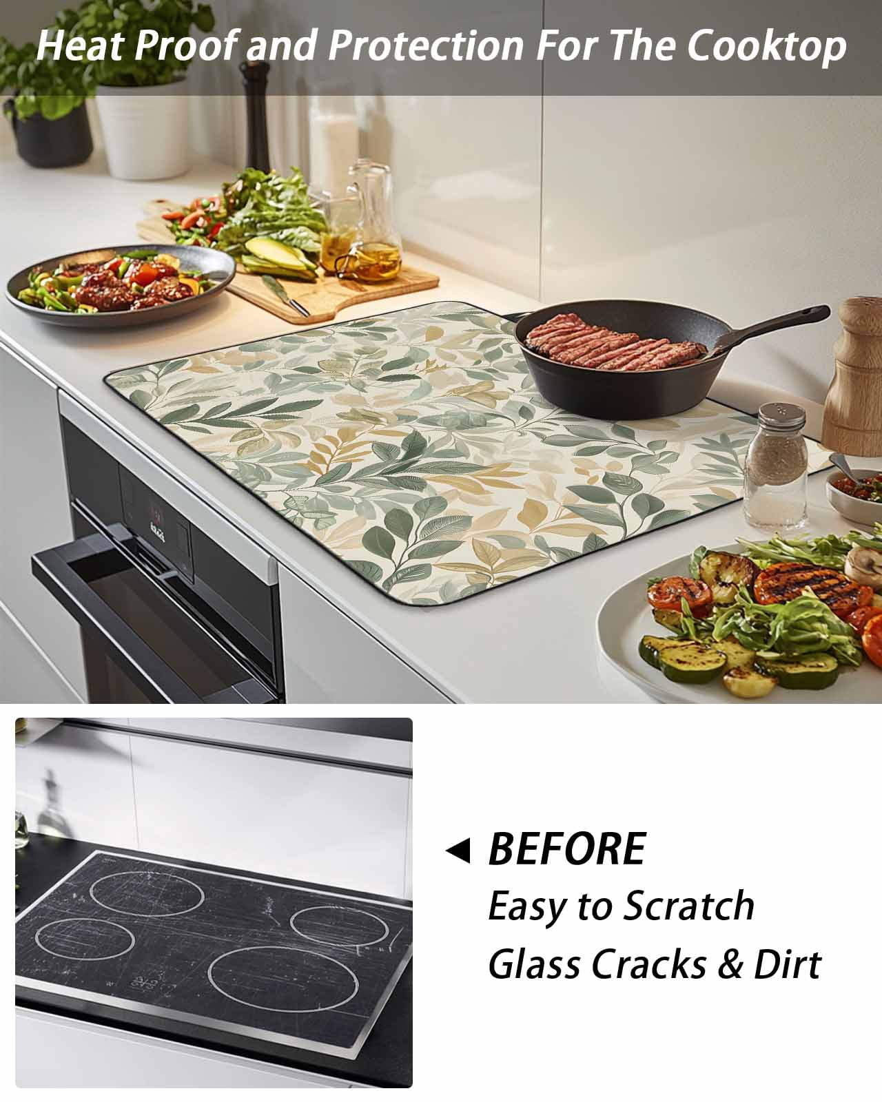 Stove Top Covers for Electric Stove, Sage Green Yellow Botanical Glass Stovetop Cover Protector, Spring Summer Vintage Induction Cooktop Protector Oven Mat for Kitchen Countertop 24"x21"