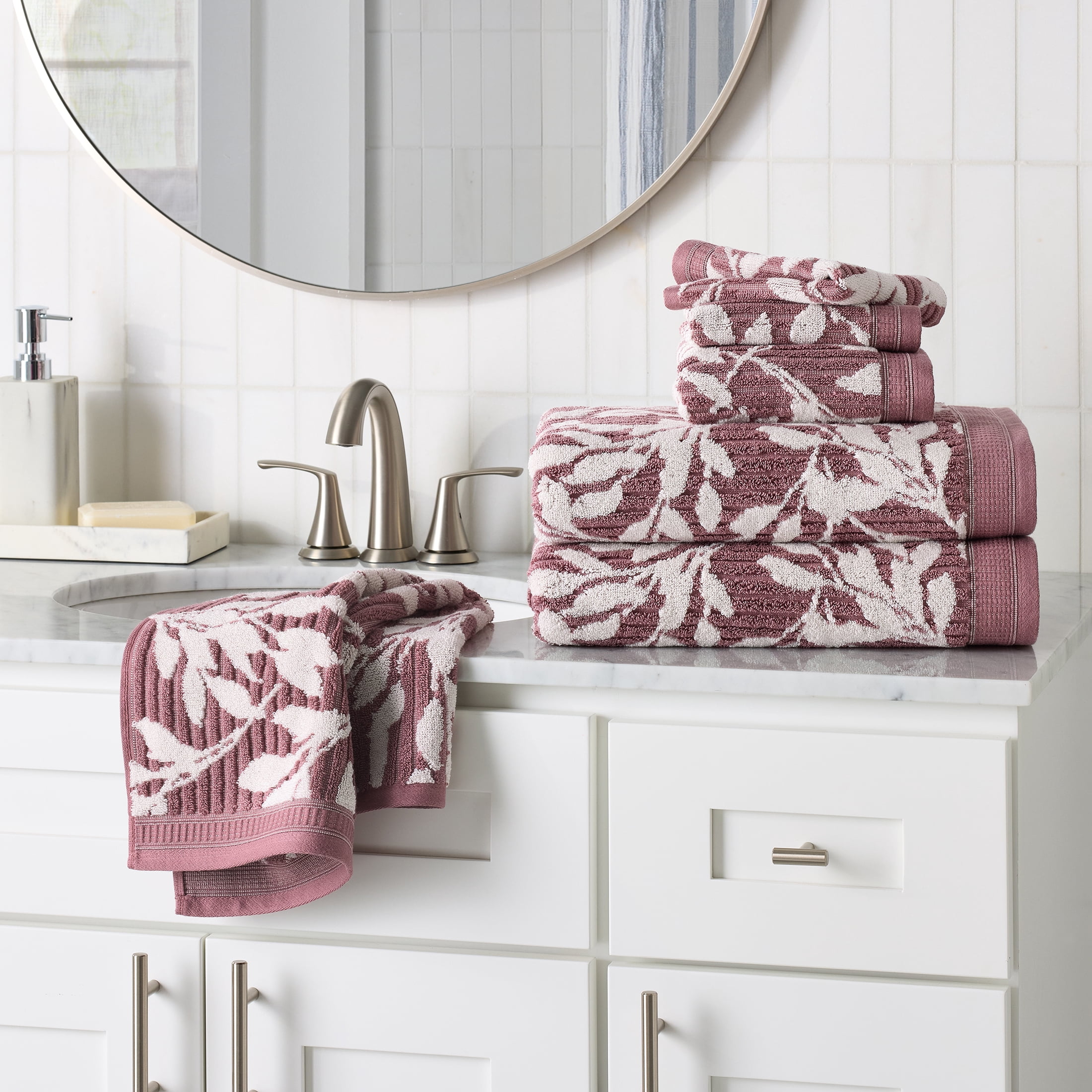 Better Homes & Gardens Signature Soft Floral 6 Piece Towel Set,Violet Gem/Vanilla Dream