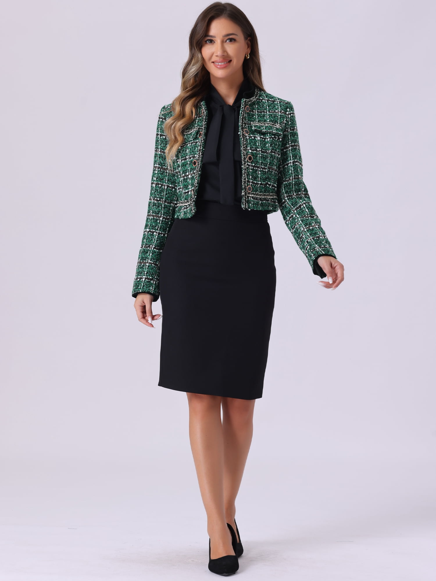 DARING DIVA Women's Double Breasted Plaid Tweed Cropped Jacket XL Green