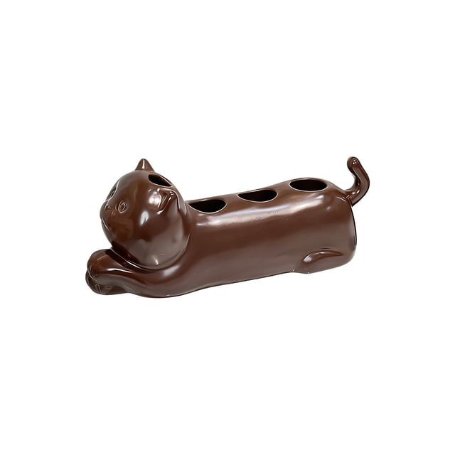 Ceramic Toothbrush Holder for Bathroom Counter, Cute Cat Design Organizer with 4 Slots, Space Saving Toothbrush and Razor Storage for Small Spaces, Easy Clean Glazed Cera