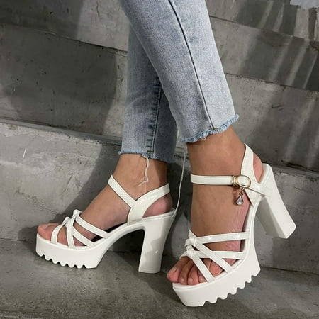 

MIASHUI shoes for women Ladies Fashion Leather Cross Strap Fish Mouth Thick Sole High Heel Buckle Sandals