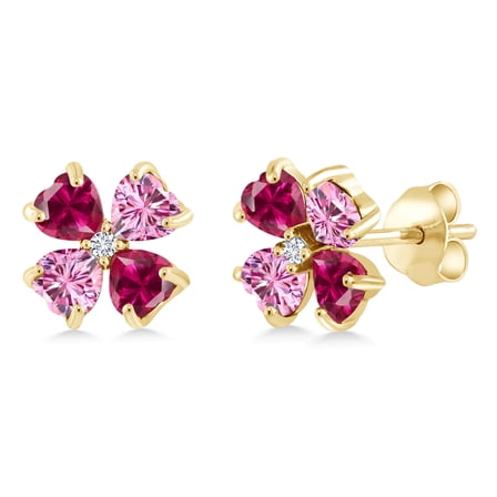 Gem Stone King 18K Yellow Gold Plated Silver Red Created Ruby Pink Moissanite and White Lab Grown Diamond Earrings for Women | 2.23 Cttw | Gemstone July Birthstone | Heart Shape 4MM