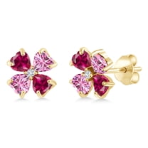 Gem Stone King 18K Yellow Gold Plated Silver Red Created Ruby Pink Moissanite and White Lab Grown Diamond Earrings for Women | 2.23 Cttw | Gemstone July Birthstone | Heart Shape 4MM