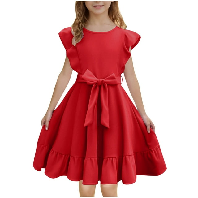 Robes d'Été pour Filles à Double Couche, Manches Volantées, Coupe Évasée Fluide, Robe Soleil Décontractée Midi, Rouge, 12-13 Ans