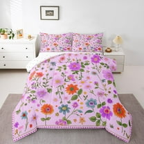 Homewish Colorful Rustic Flower Queen Comforter Set,Country Plant Bedding Sets,Purple Orange Pink Bedding Comforter Set For Girls Kids,Ultra Soft Home Decor Reversible,3pcs