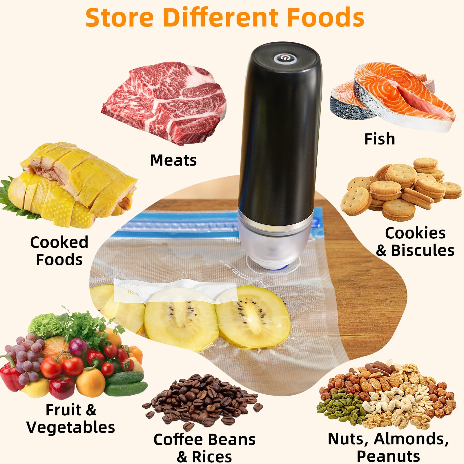YEERSWAG Handheld Vacuum Sealer Cordless Portable Food Sealer Machine for Travel, Kitchen, Freezer,5 Reusable Bags Included