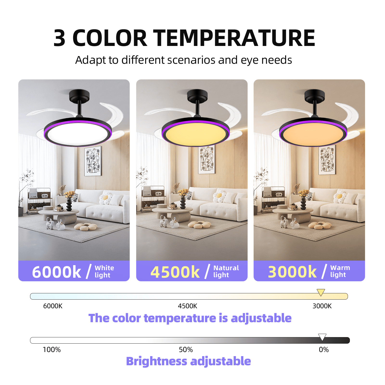 BAYSQUIRREL 42in Slim Retractable Ceiling Fan with RGB Light, Bluetooth Speaker, APP/Remote Control, 6-Speed Reversible, Dimmable Full Spectrum & Memory
