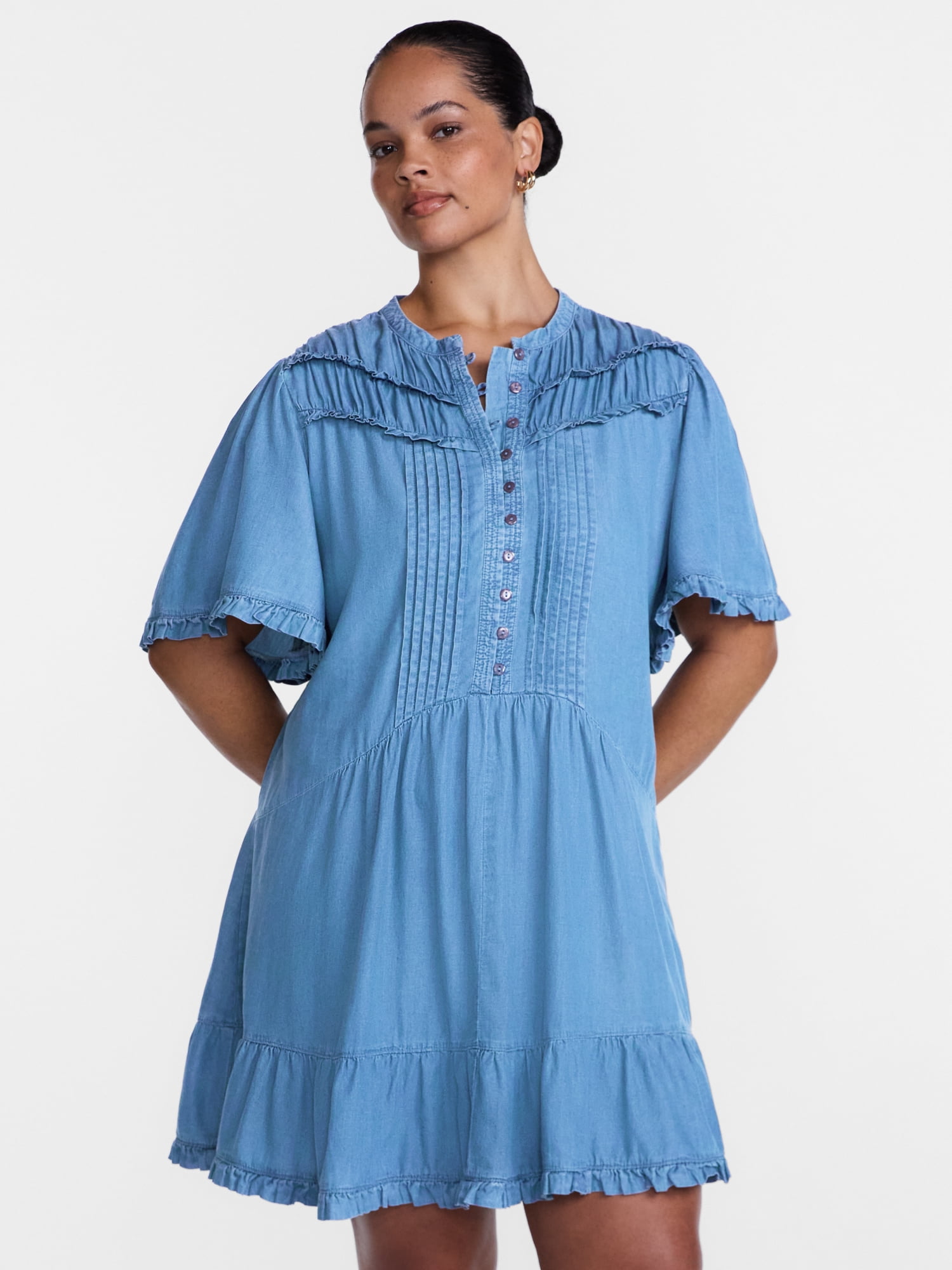 Scenario Women's and Women's Plus Flounce Hem Dress with Flutter Sleeves, Sizes XXS-4X