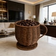 thumbnail image 6 of Imitation Rattan Coffee Cup Shaped Storage Basket With Handle And Base, Decorative Woven Desktop Organizer For Coffee Bar Countertop, Breathable Plastic Weave, Small Item Tray, Beige Or Coffee, 6 of 6