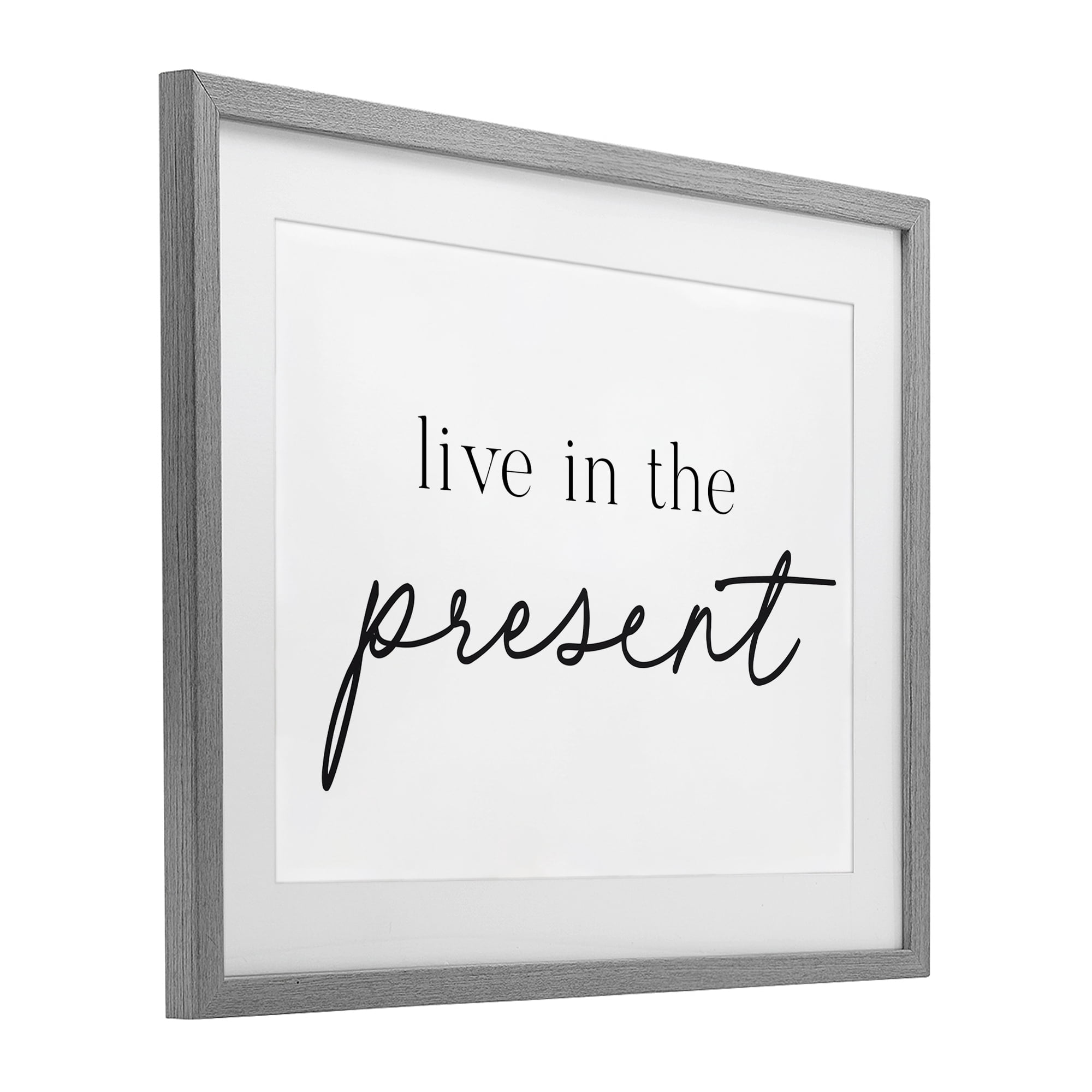 Live In The Present Gray Framed Print Under Glass, design by Lettered and Lined