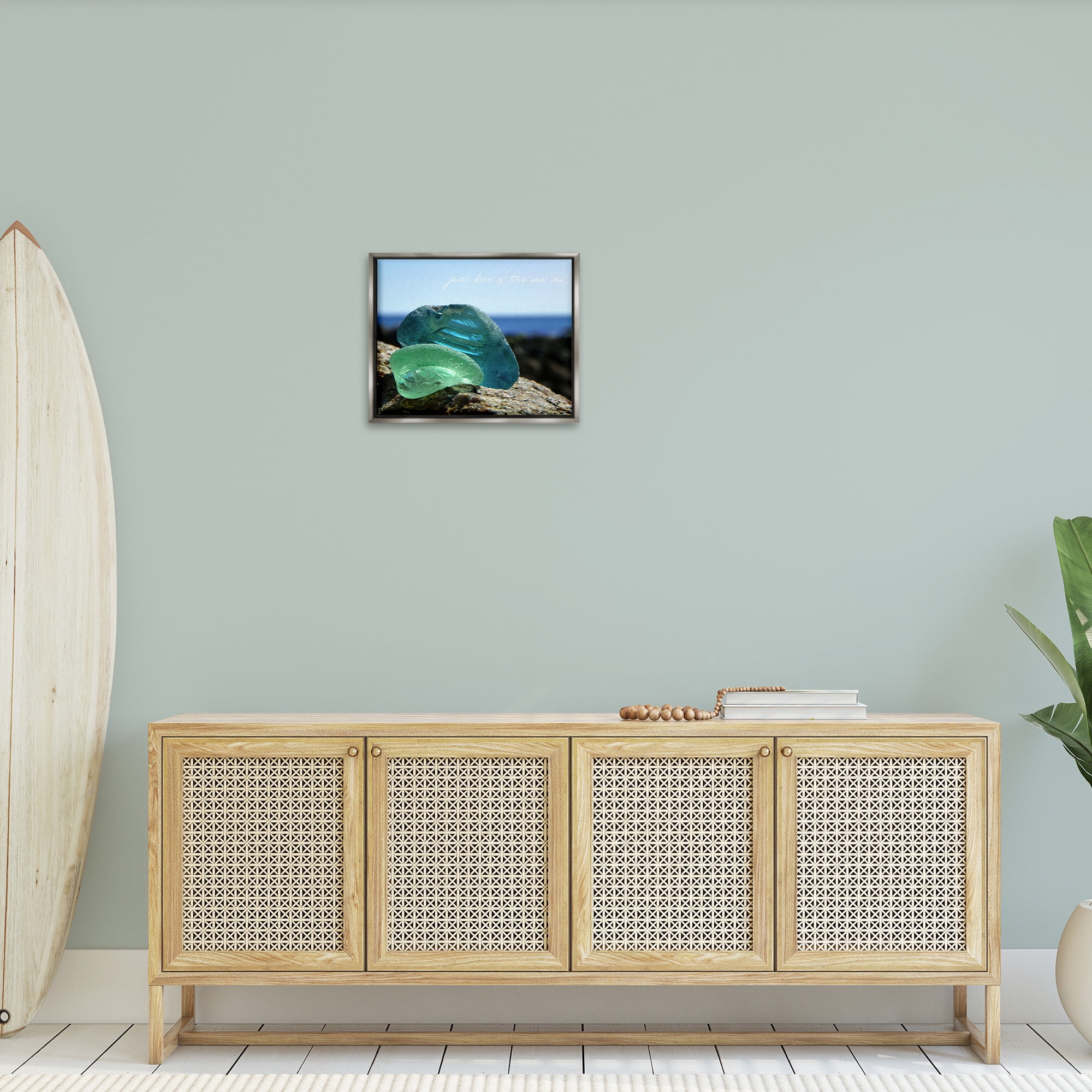 Stupell Industries Sea Glass Photography Phrase Typography Photography Gray Floater Framed Canvas Art Print Wall Art, 21 x 17