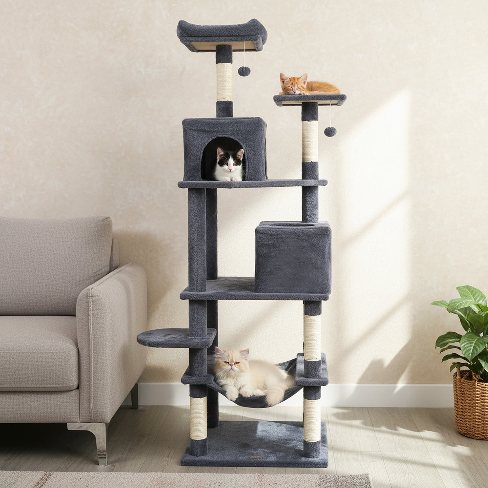 Costway 70” Cat Tree for Indoor Cats with Padded Top Perch, Dual Condos, Hammock, Platforms Dark Gray