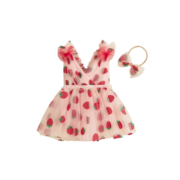 BemeyourBBs Infant Baby Girl Strawberry Tulle Tutu Dress Sleeveless V Neck Glitter Strawberry Print Ruffled Romper Dress Princess Birthday Party Dresses and Bow Headband Set