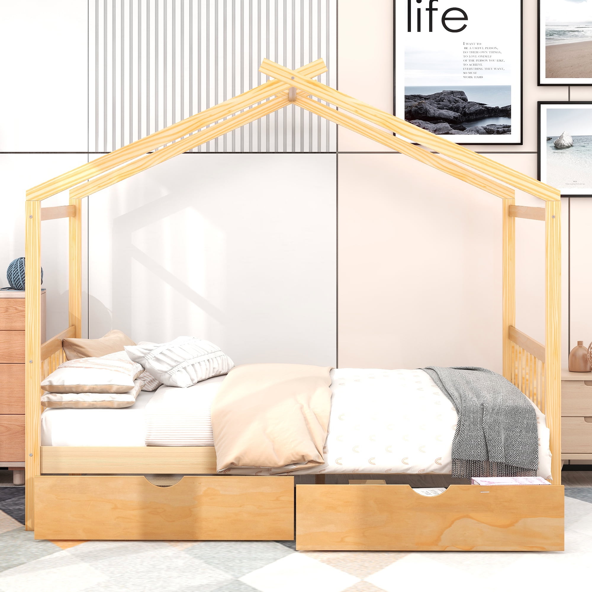 Aukfa Full House Bed with Storage Drawers, Wood Montessori Bed - Oak